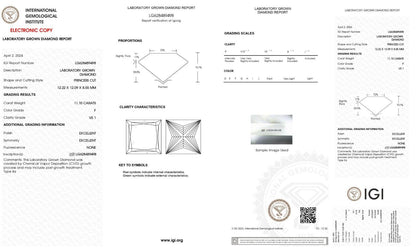 PRINCESS Cut Lab Grown 11.10 Cts IGI Certified CVD Diamond F Color VS1 Clarity