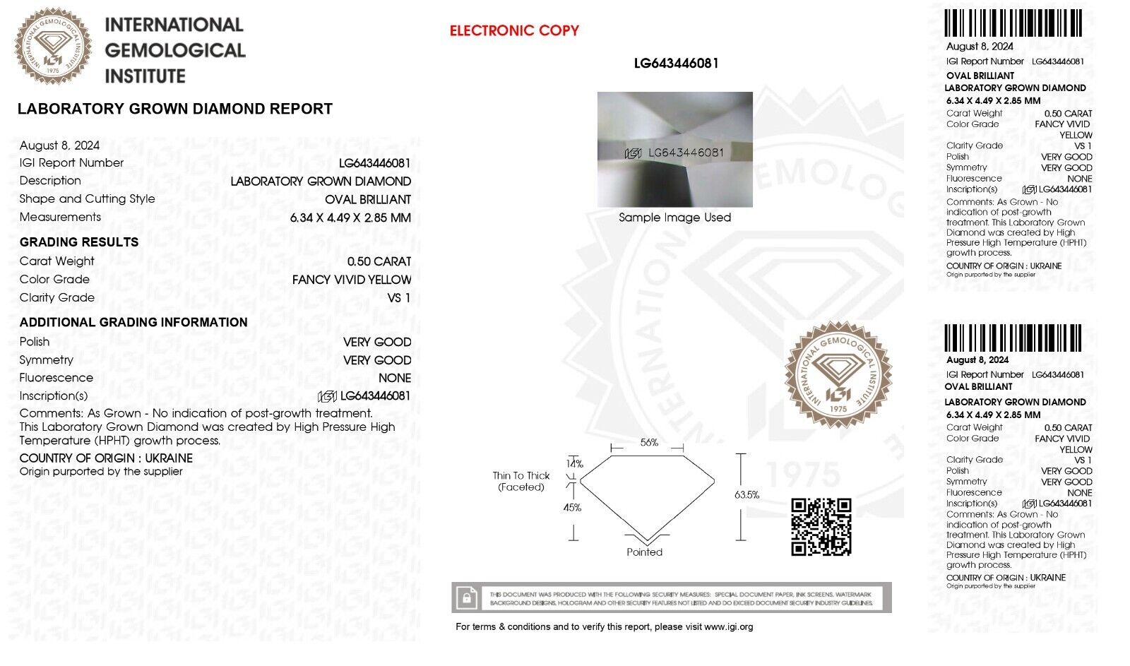 OVAL Cut 0.50 Ct Fancy Vivid Yellow VS1 IGI Certified Lab Grown CVD Diamond