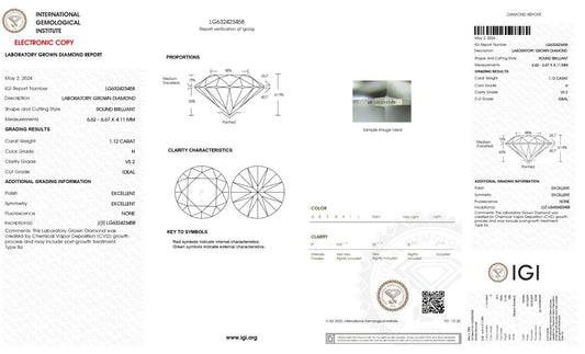 ROUND EXCELLENT CUT 1.12 CT H VS2 IGI CERTIFIED CVD LAB GROWN LOOSE DIAMOND