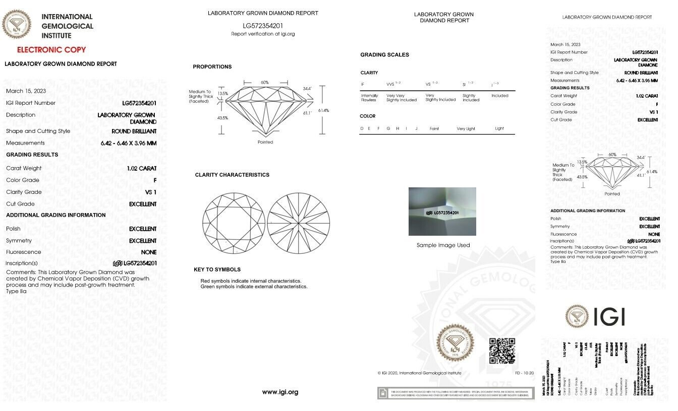 Round Excellent Cut 1.02 cts F VS1 IGI Certified CVD Lab Grown Loose Diamonds