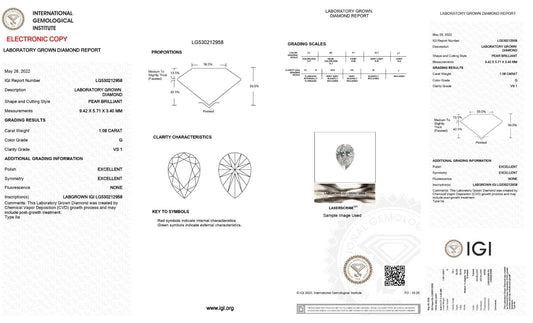 PEAR Cut 1.08 Cts G Color VS1 Clarity LAB GROWN CVD Diamond IGI Certified