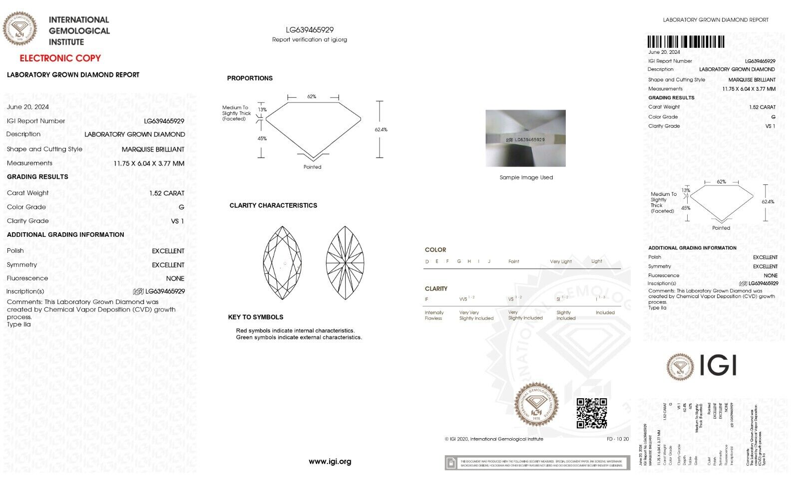 Lab Grown MARQUISE Cut 1.52 Ct IGI Certified CVD Diamond G Color VS1 Clarity