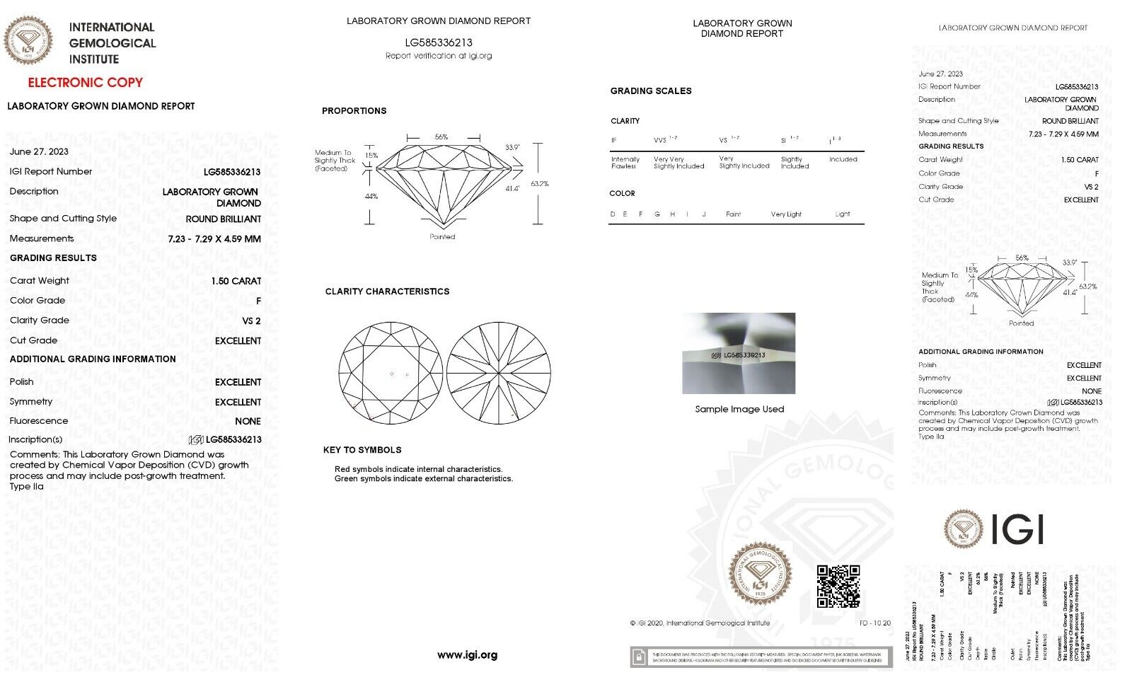 Round Excellent Cut 1.50 cts F VS2 IGI Certified CVD Lab Grown Loose Diamonds