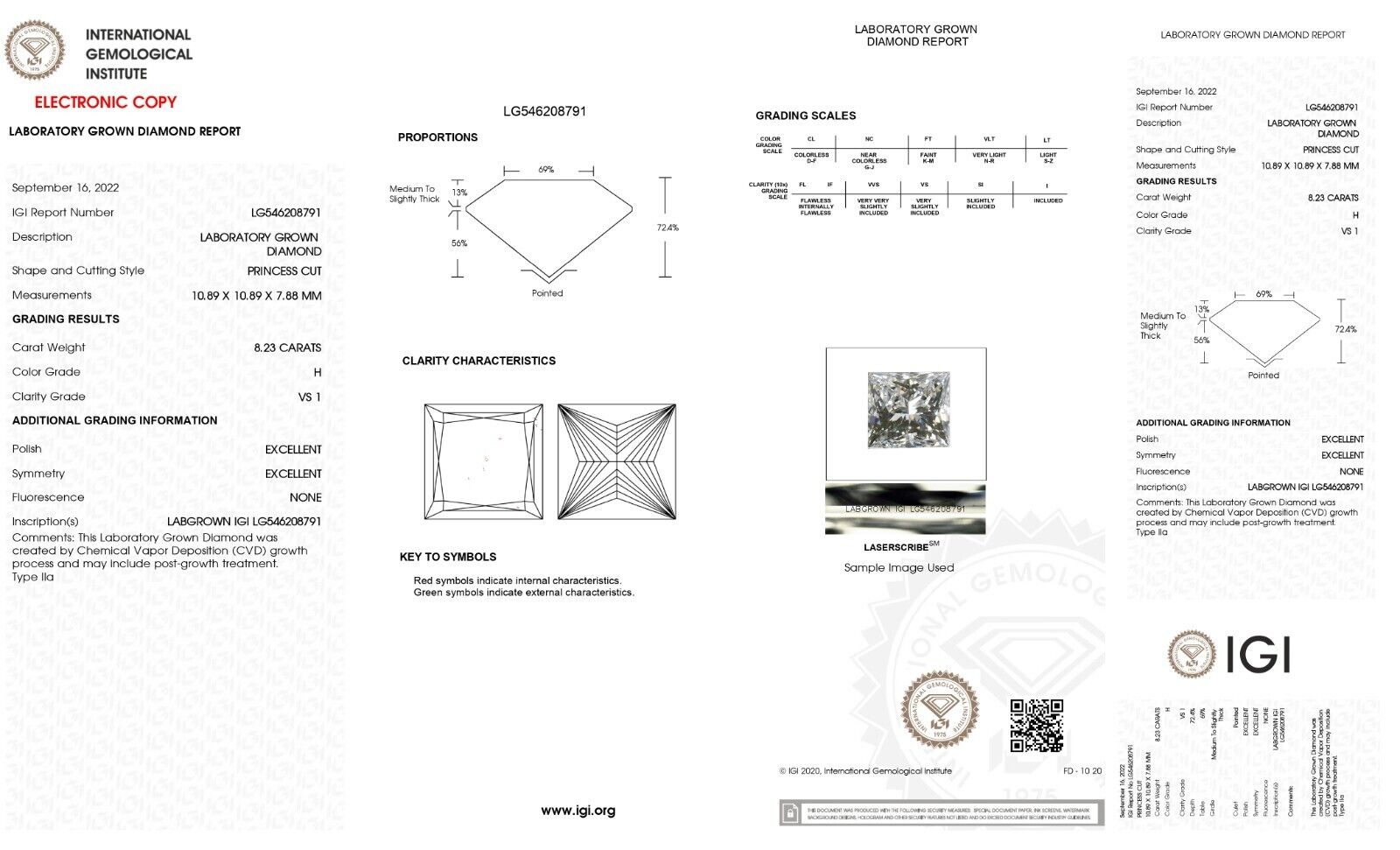 PRINCESS Cut Lab Grown 8.23 Cts IGI Certified CVD Diamond H Color VS1 Clarity