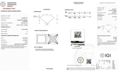 PRINCESS Cut Lab Grown 8.23 Cts IGI Certified CVD Diamond H Color VS1 Clarity
