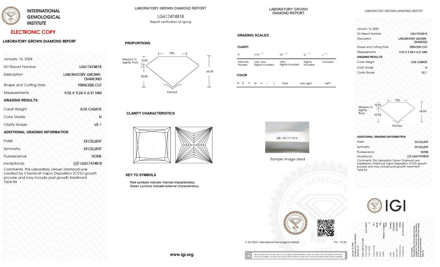 Princess Cut 5.03 Cts H Color VS1 Clarity Lab Grown IGI Certified CVD Diamond