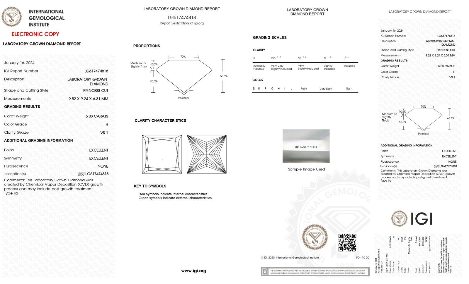 Princess Cut 5.03 Cts H Color VS1 Clarity Lab Grown IGI Certified CVD Diamond