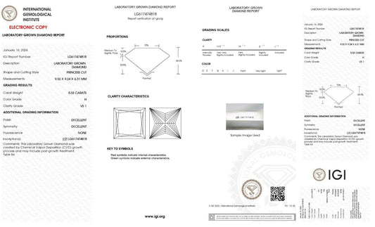 Princess Cut 5.03 Cts H Color VS1 Clarity Lab Grown IGI Certified CVD Diamond