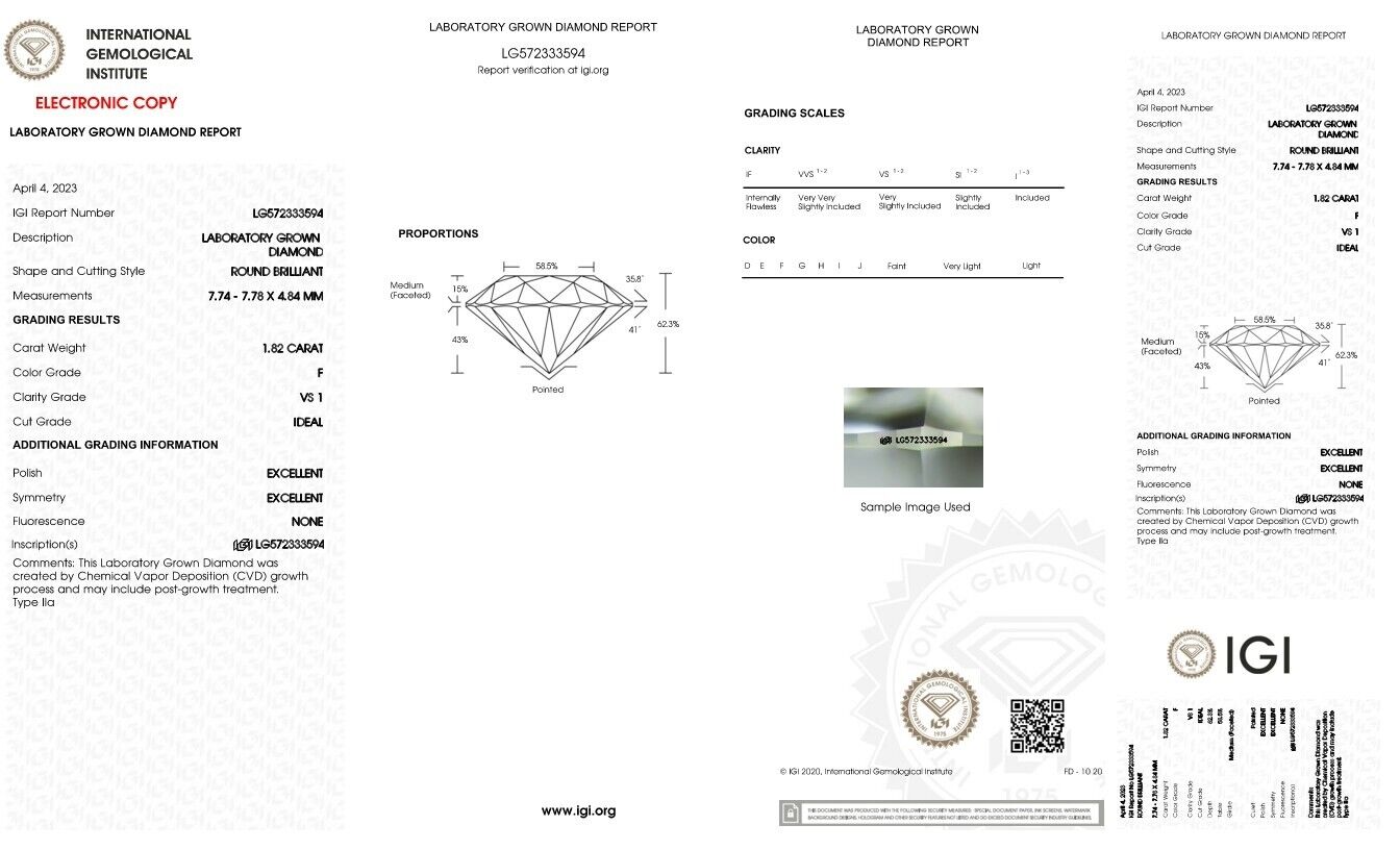 LOOSE Diamond ROUND EXCELLENT CUT 1.82 Cts F VS1 IGI Certified CVD Lab Grown