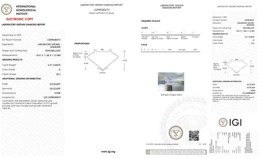 PEAR SHAPE 9.21 Cts IGI Certified Lab Grown G VS2 CVD Diamond with free shipping