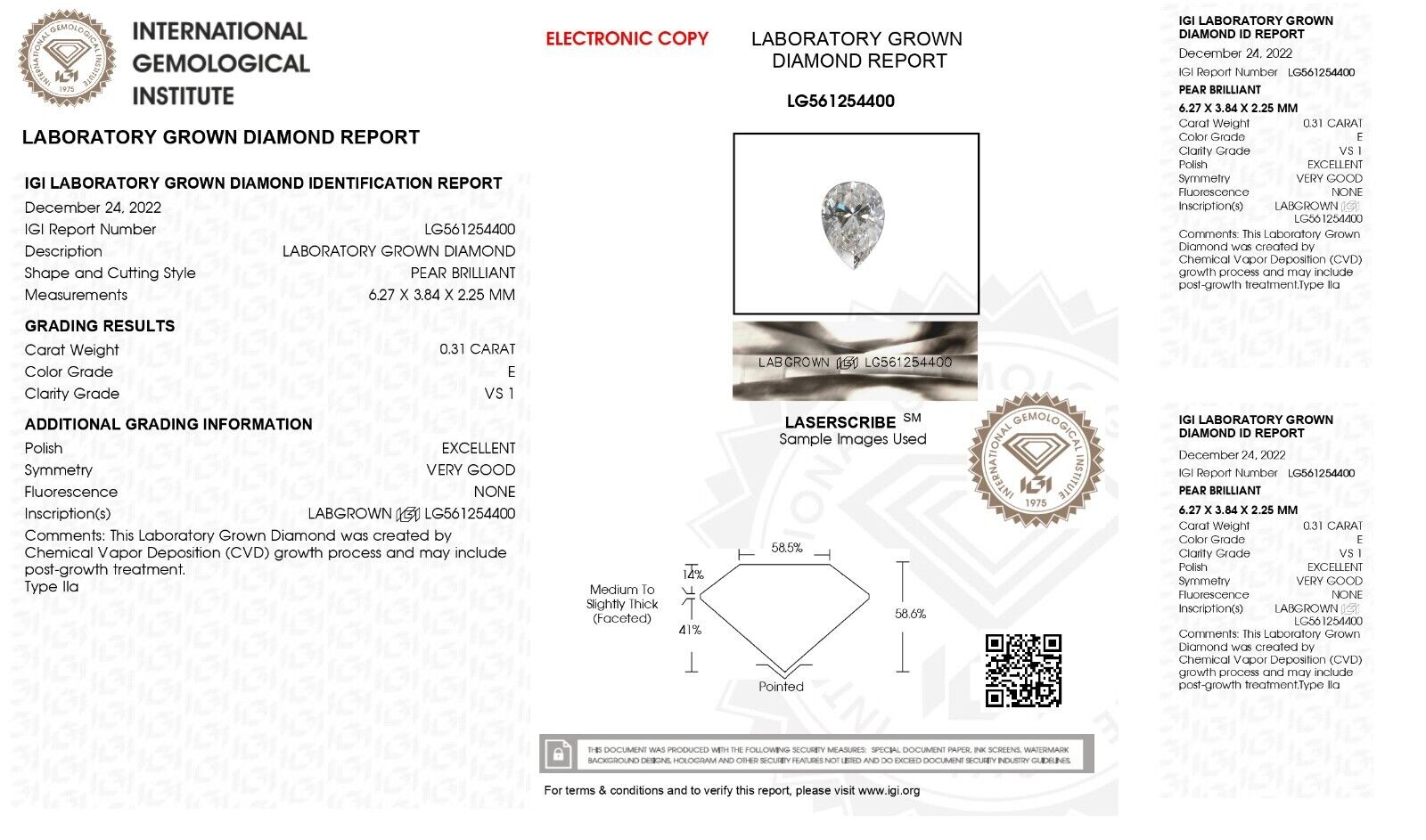 0.31 Ct Pear Cut IGI Certified Lab Grown CVD Diamond E Color VS1 Clarity STONE
