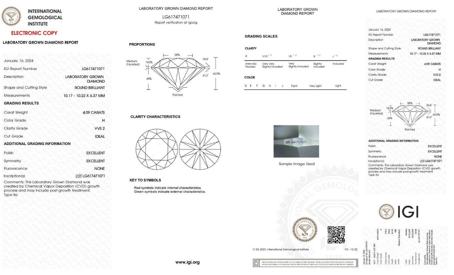 ROUND Cut 4.09 Cts Lab Grown IGI Certified CVD Diamond H Color VVS2 Clarity