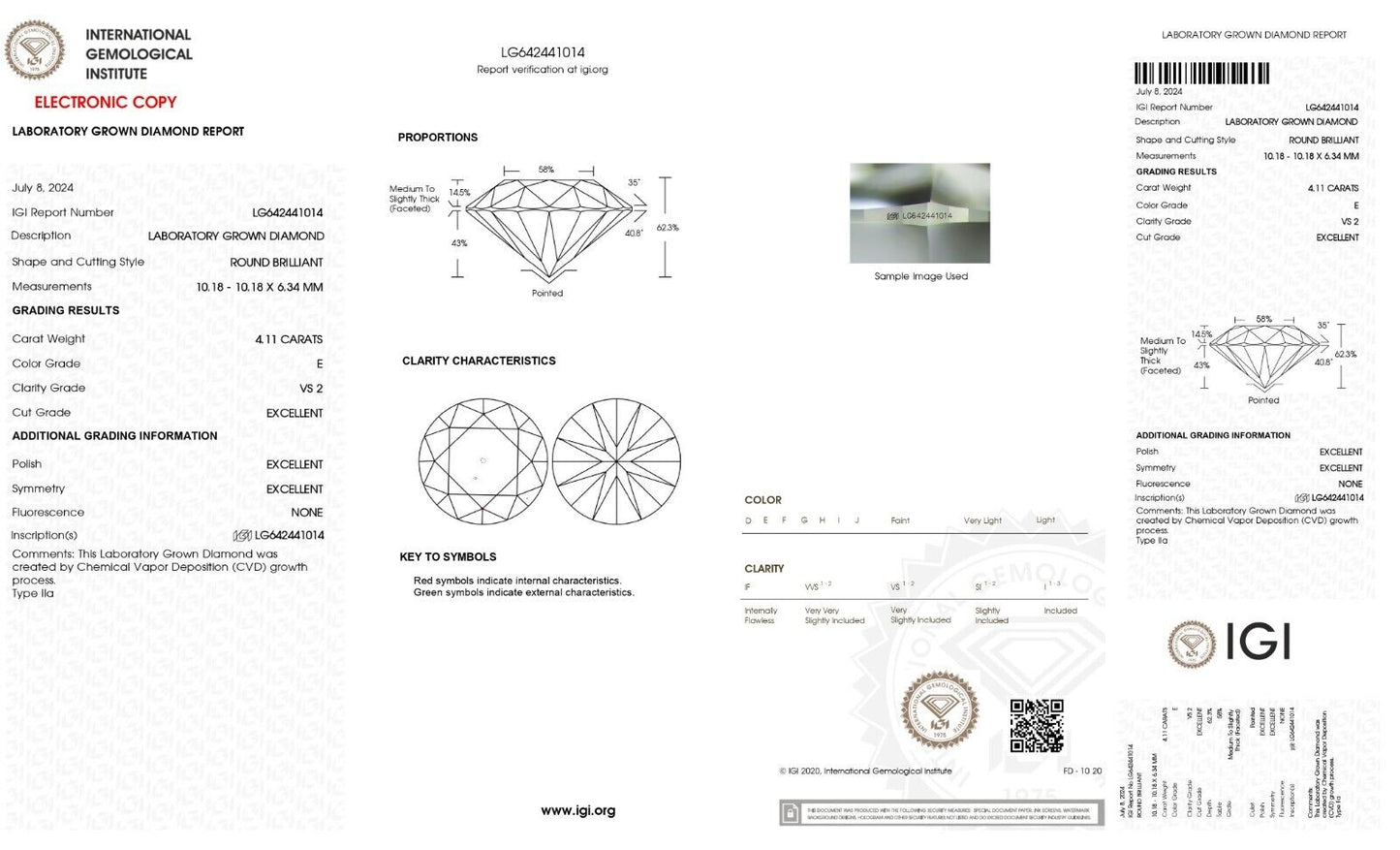 ROUND Cut 4.11 Ct Lab Grown IGI Certified CVD Diamond E Color VS2 Clarity