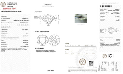 ROUND Cut 4.11 Ct Lab Grown IGI Certified CVD Diamond E Color VS2 Clarity