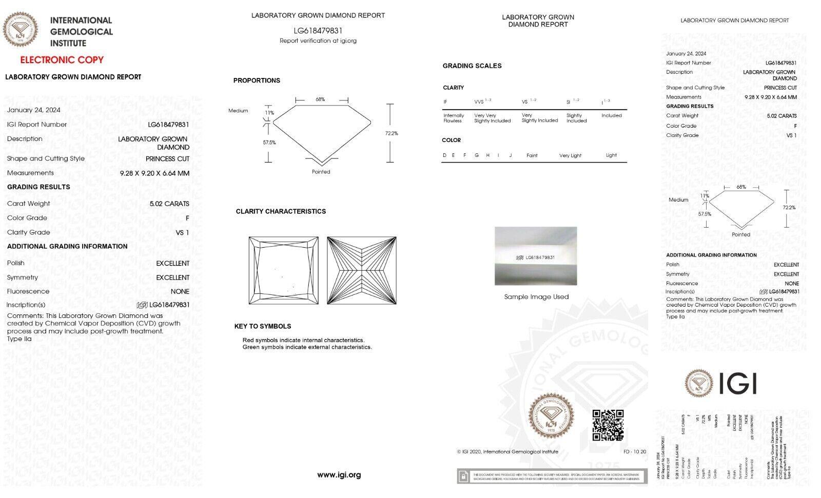 Princess Cut 5.02 Cts F Color VS1 Clarity Lab Grown IGI Certified CVD Diamond