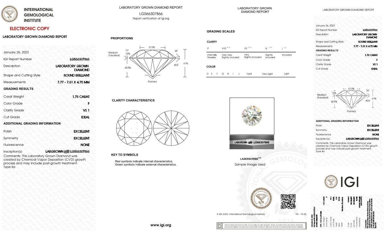 ROUND EXCELLENT CUT 1.78 Cts F VS1 IGI Certified CVD Lab Grown LOOSE Diamond