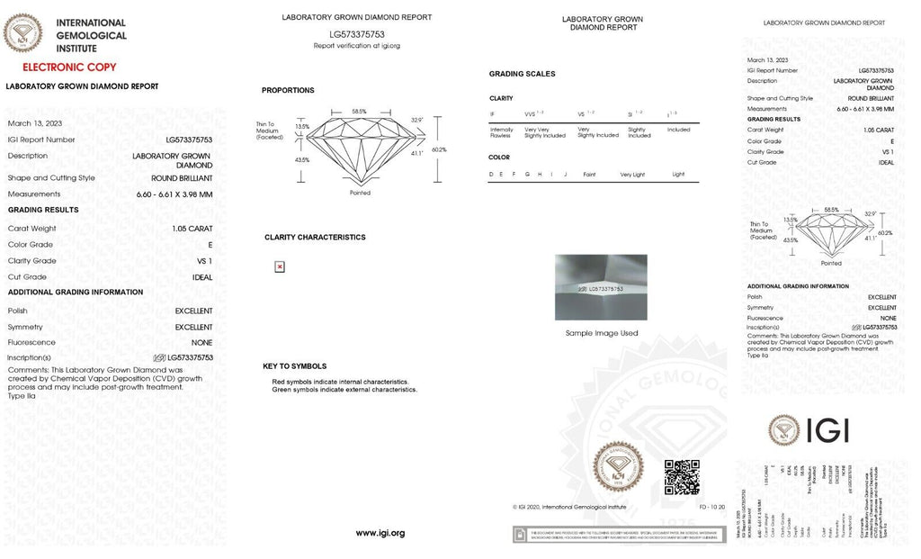 Lab Grown Diamond 1.05 CARET STONE- ROUND SHAPE  -VS1 -E COLOUR - IGI CERTIFIED