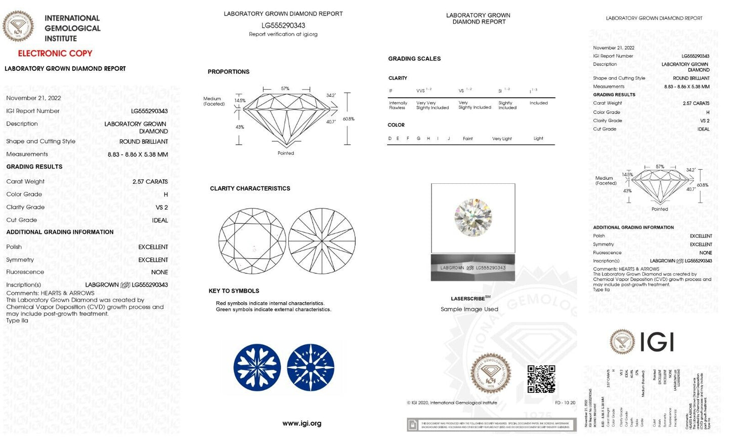 Round Excellent Cut 2.57 Cts H VS2 IGI Certified CVD Lab Grown Loose Diamonds