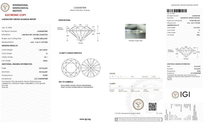 Round Cut 1.08 Cts IGI Certified Lab Grown CVD Diamond G Color VS1 Clarity