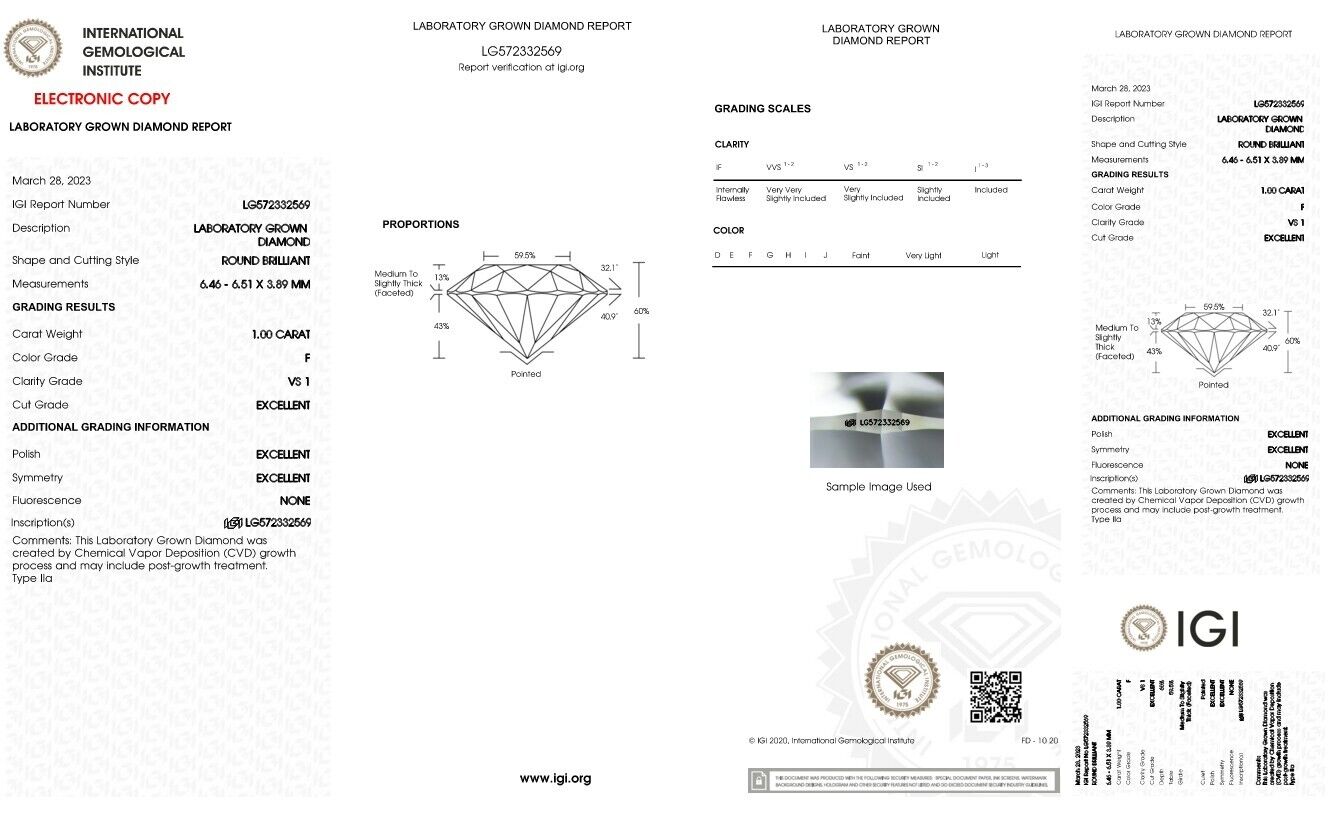 Round Excellent Cut 1.00 cts F VS1 IGI Certified CVD Lab Grown Loose Diamonds