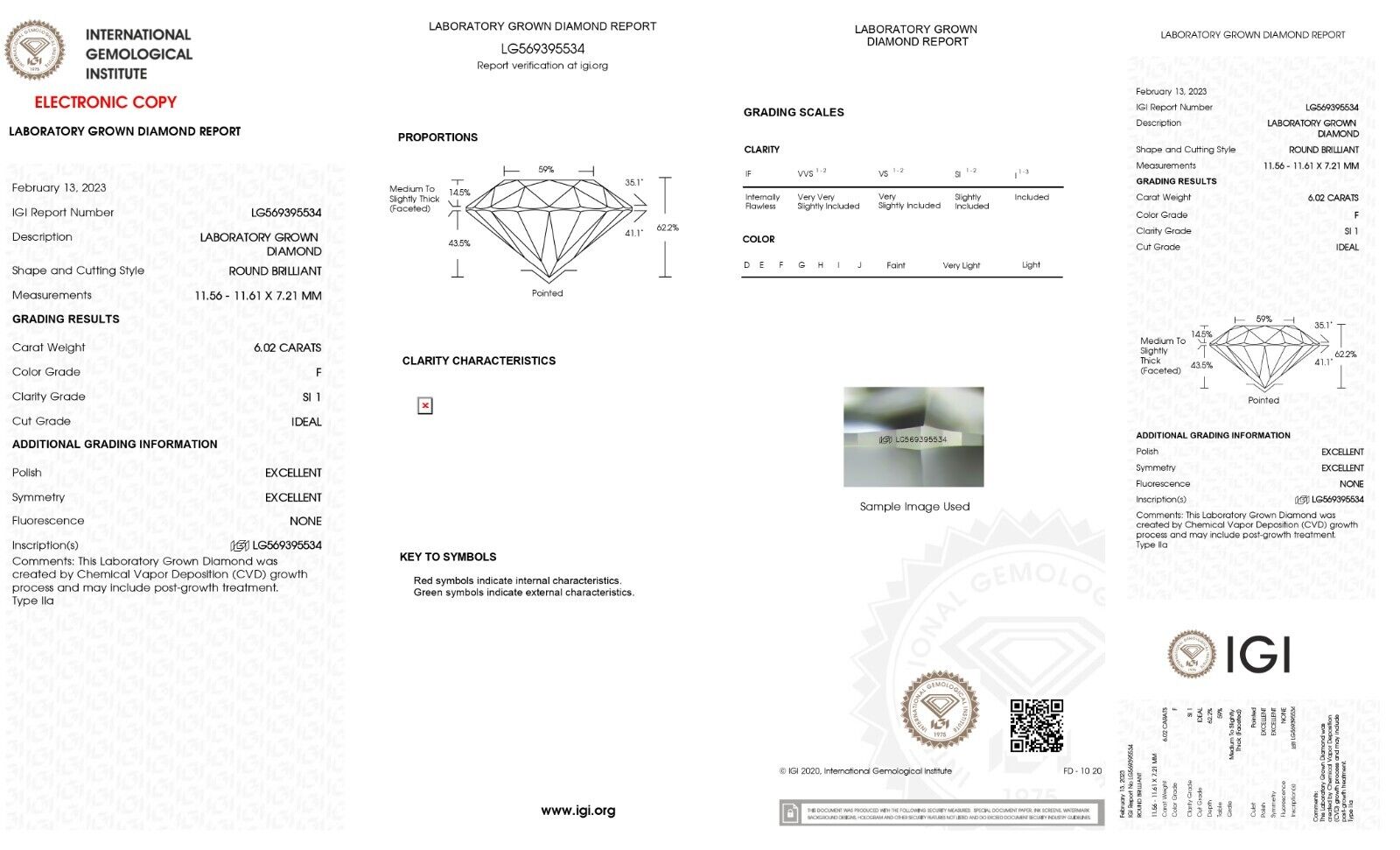 ROUND EXCELLENT CUT 6.02 CT F SI1 IGI CERTIFIED CVD LAB GROWN LOOSE DIAMOND