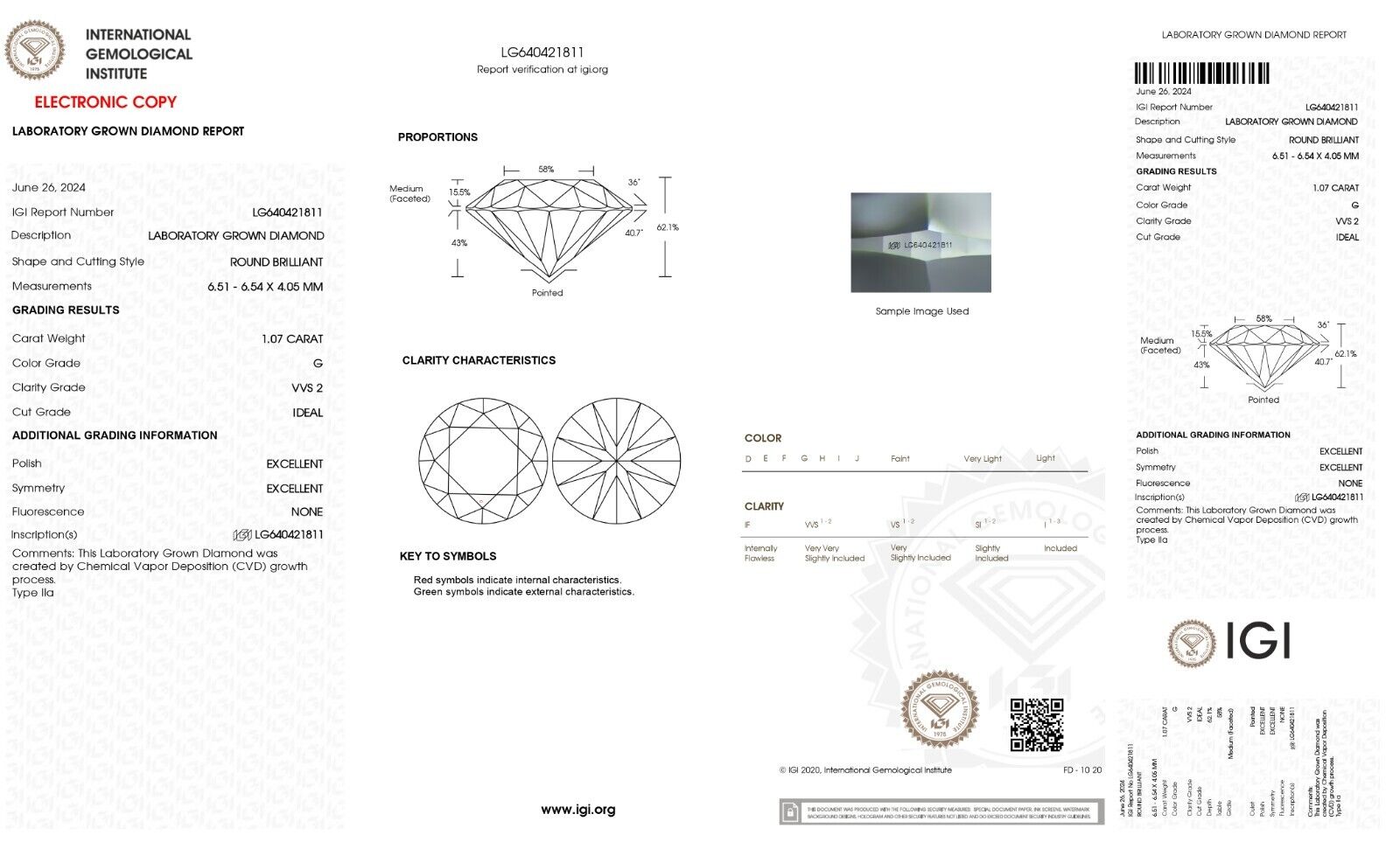 Round Cut 1.07 Cts IGI Certified Lab Grown CVD Diamond G Color VVS2 Clarity