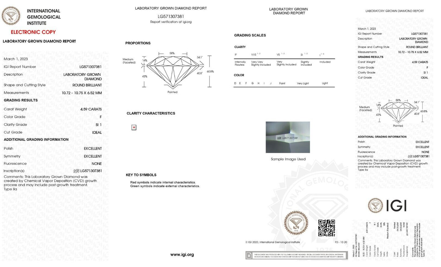 ROUND Cut 4.59 Ct Lab Grown IGI Certified CVD Diamond F Color SI1 Clarity