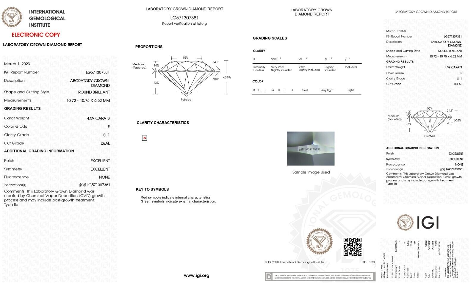 ROUND Cut 4.59 Ct Lab Grown IGI Certified CVD Diamond F Color SI1 Clarity