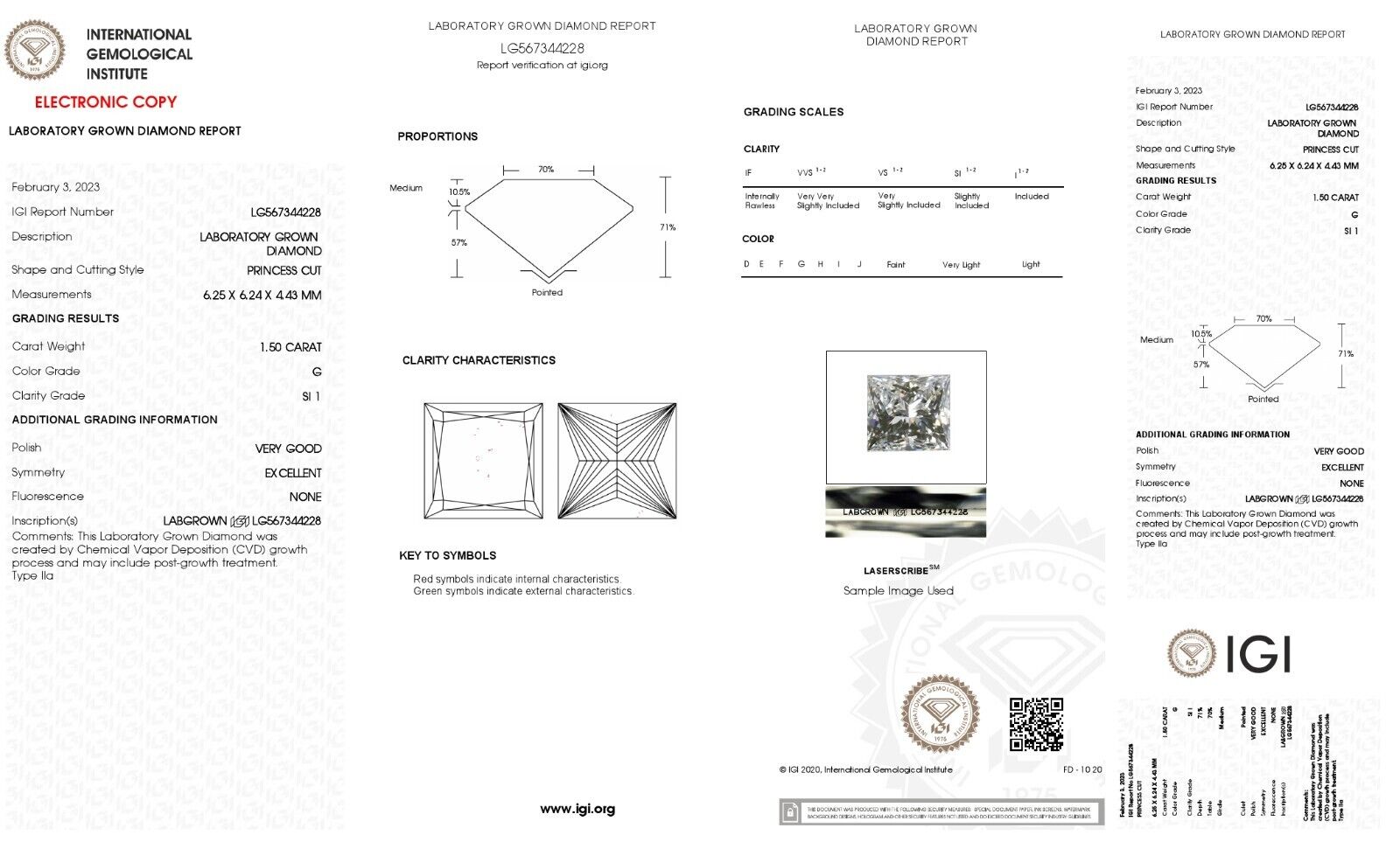 PRINCESS Cut Lab Grown 1.50 Cts IGI Certified CVD Diamond G Color SI1 Clarity