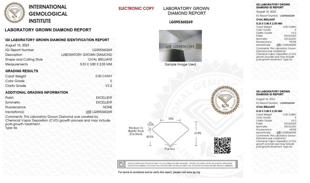 0.30 Ct OVAL Cut IGI Certified Lab Grown CVD Diamond E Color VS2 Clarity STONE