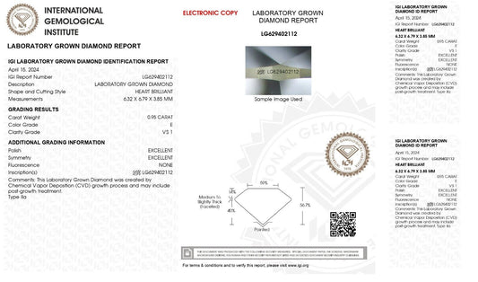 LAB GROWN CVD Diamond IGI CERTIFIED 0.95 Cts HEART SHAPE E Color VS1 Clarity