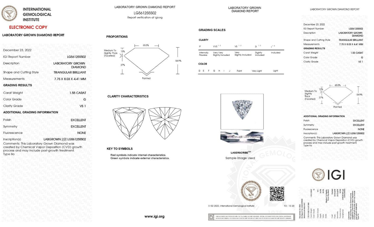 Lab Grown Diamond 1.55 Cts STONE- TRILLION SHAPE  -VS1 -G COLOUR - IGI CERTIFIED