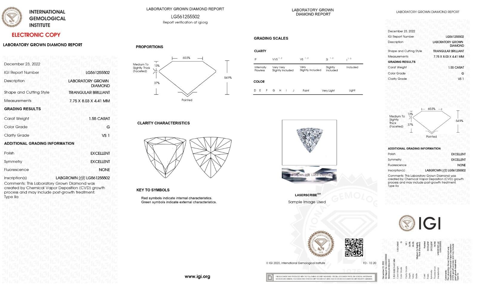 Lab Grown Diamond 1.55 Cts STONE- TRILLION SHAPE  -VS1 -G COLOUR - IGI CERTIFIED