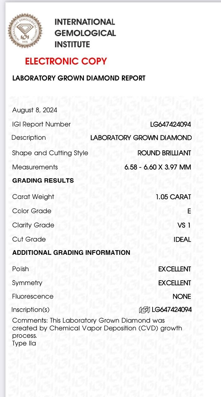 Lab Grown Diamond 1.05 CARET STONE- ROUND SHAPE  -VS1 -E COLOUR  IGI CERTIFIED