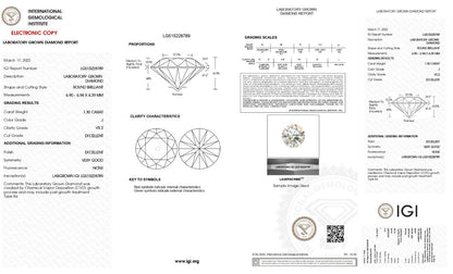 ROUND EXCELLENT CUT 1.30 Ct J VS2 IGI Certified CVD Lab Grown LOOSE Diamond