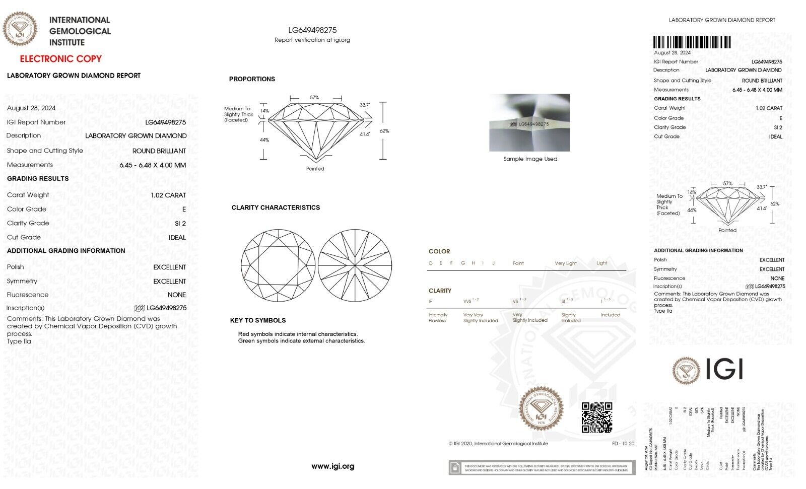 Lab Grown Diamond 1.02 CARET STONE- ROUND SHAPE  -SI2 -E COLOUR - IGI CERTIFIED
