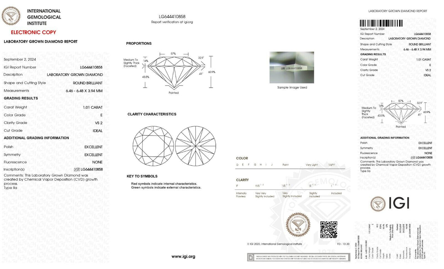 Round Cut 1.01 Cts IGI Certified Lab Grown CVD Diamond E Color VS2 Clarity