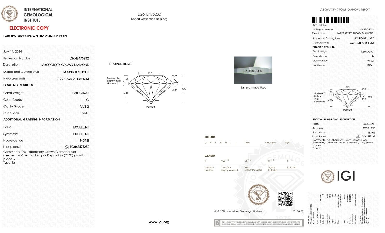 Lab Grown Diamond 1.50 CARET STONE- ROUND SHAPE  -VVS2 -G COLOUR - IGI CERTIFIED