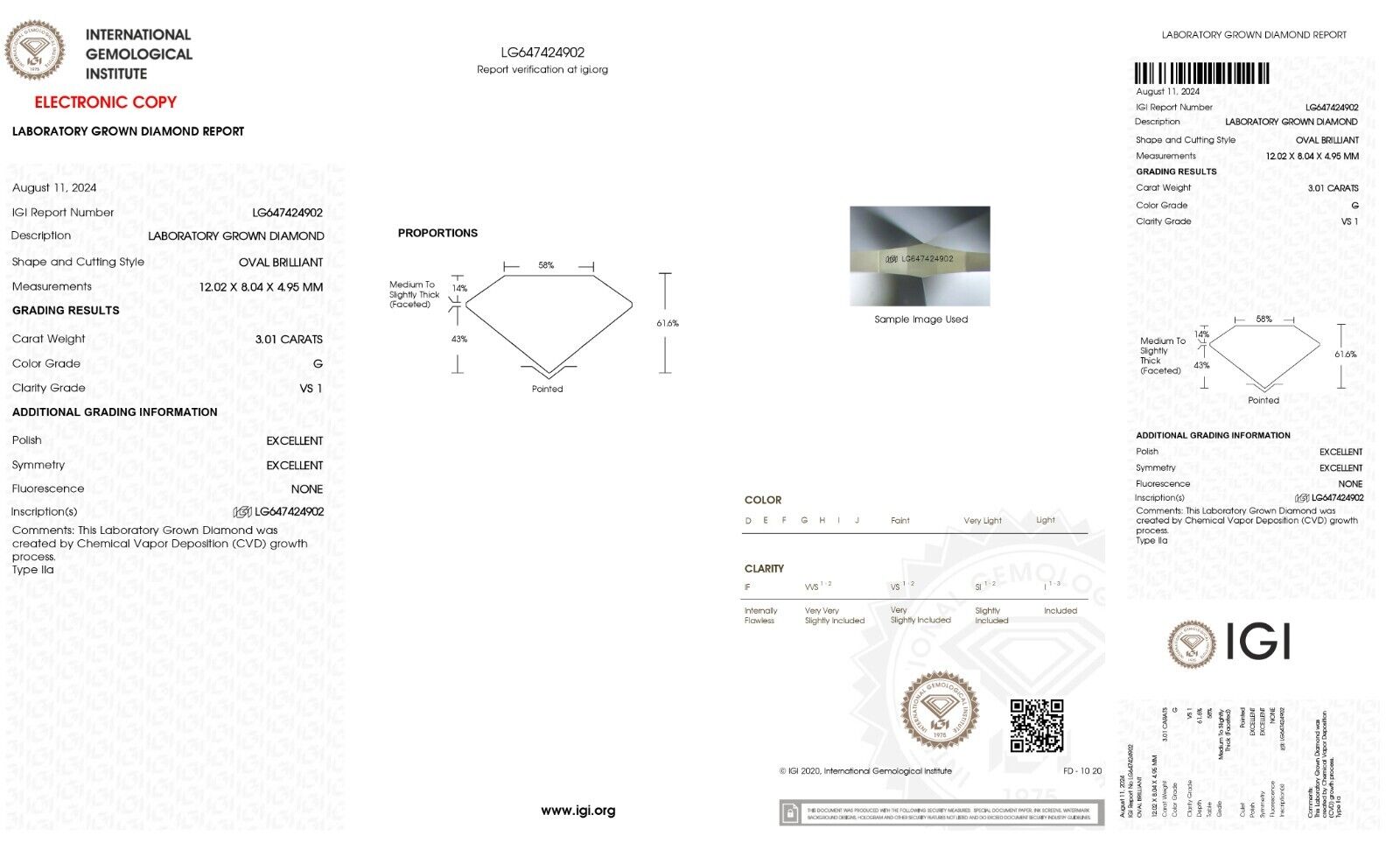 OVAL Cut 3.01 Cts IGI Certified Lab Grown CVD Diamond G Color VS1 Clarity STONE