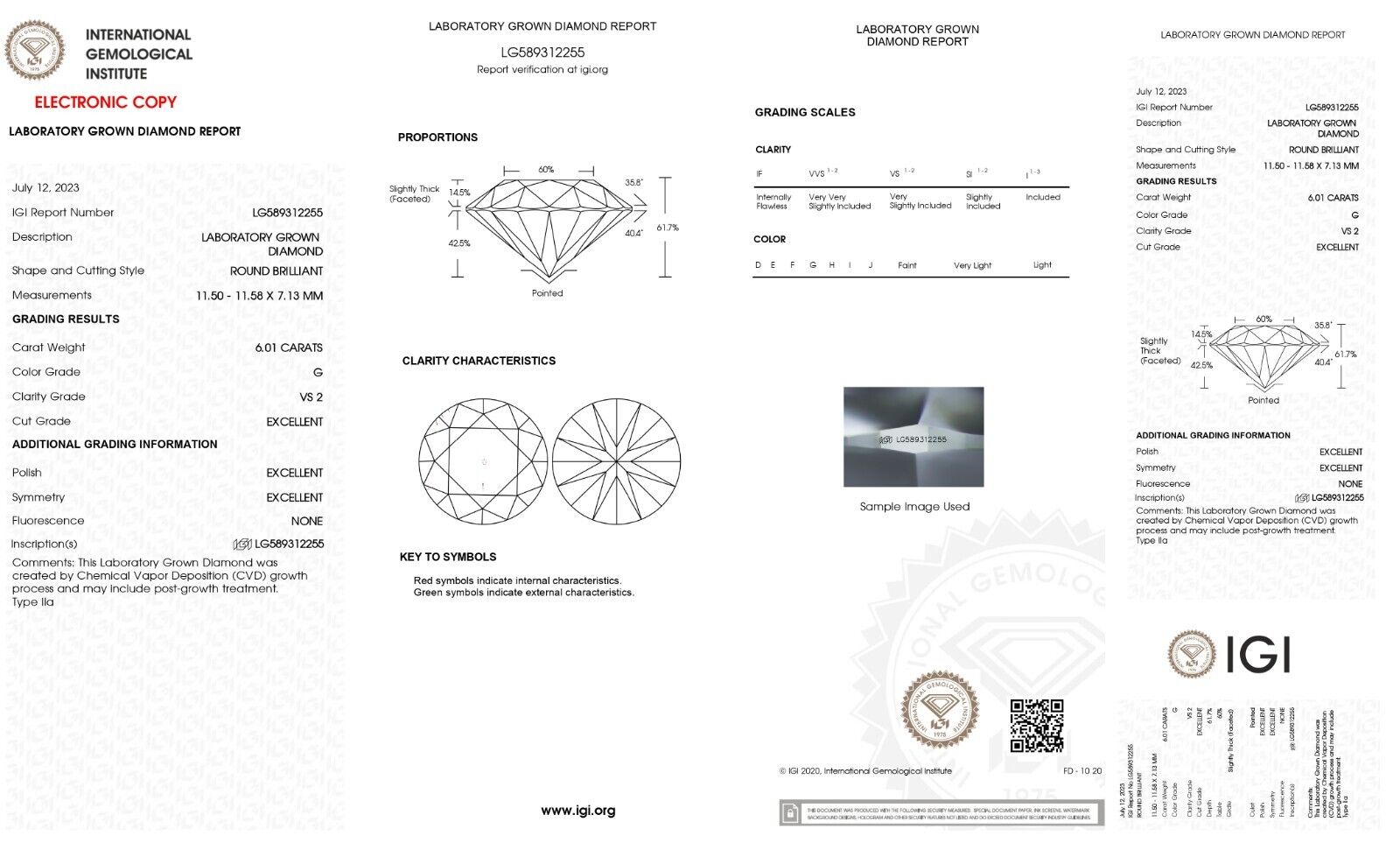 ROUND Cut 6.01 Cts IGI CERTIFIED G Color VS2 Clarity LAB GROWN CVD Diamond