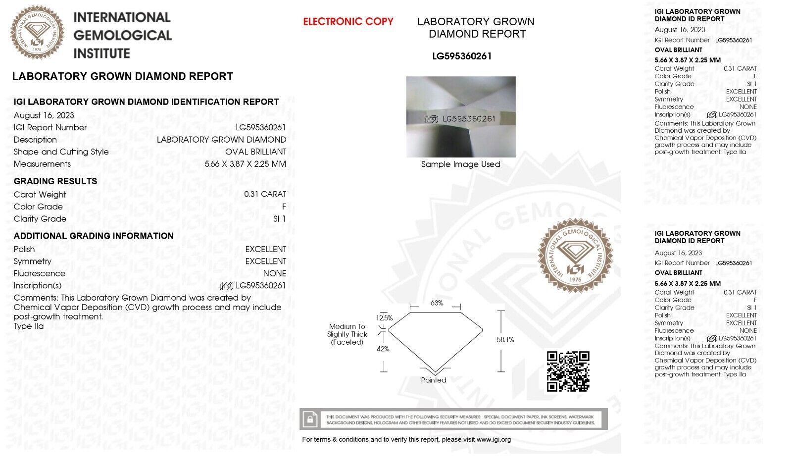 0.31 Ct OVAL Cut IGI Certified Lab Grown CVD Diamond F Color SI1 Clarity STONE