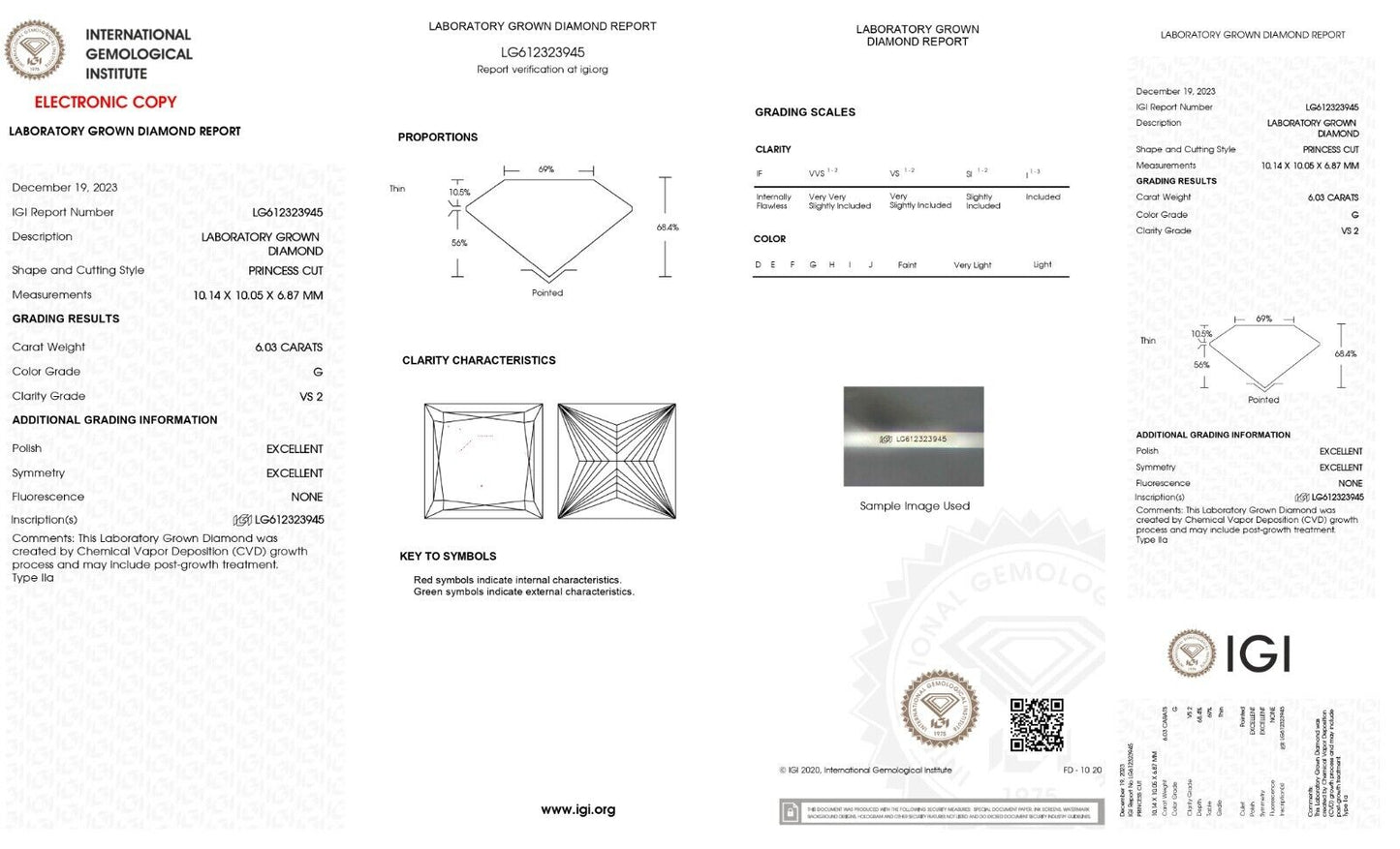 PRINCESS Cut Lab Grown 6.03 Cts IGI Certified CVD Diamond G Color VS2 Clarity
