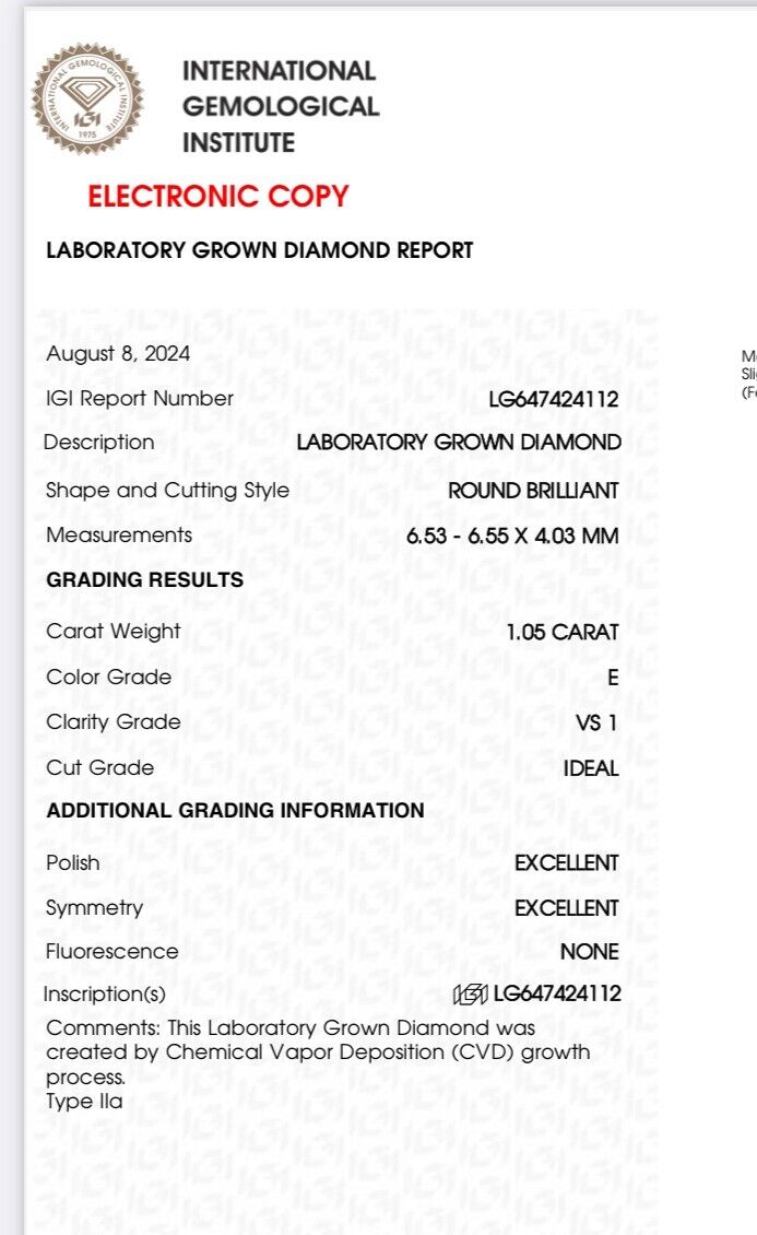 Lab Grown Diamond 1.05 CARET STONE- ROUND SHAPE  VS1 E COLOUR  IGI CERTIFIED
