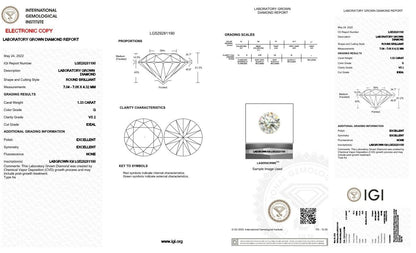 Stunning 1.33 Ct Round Cut G Color VS2 Clarity STONE IGI Certified CVD DIAMOND