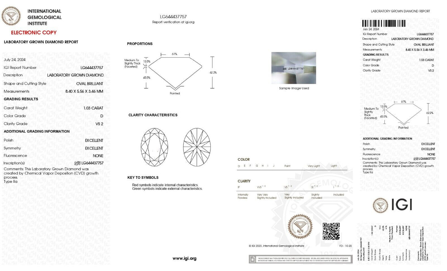 OVAL Cut 1.03 Cts Lab Grown IGI Certified CVD Diamond D Color VS2 Clarity