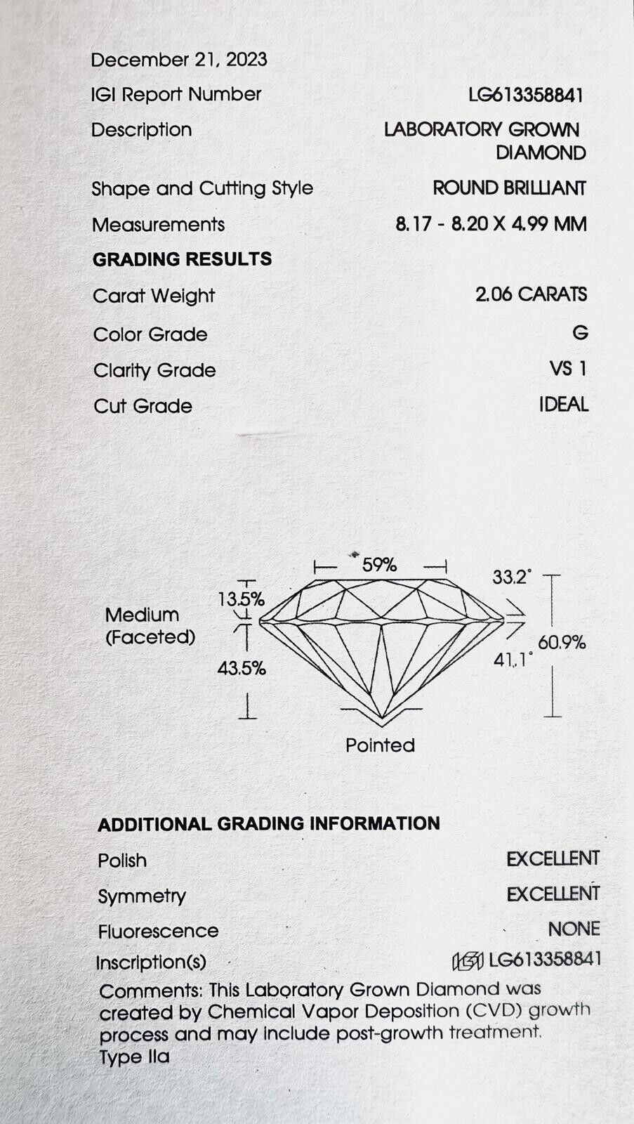 Solitaire 2.06 Cts G VS1 Lab Grown Round Diamond Engagement Ring 14k White Gold