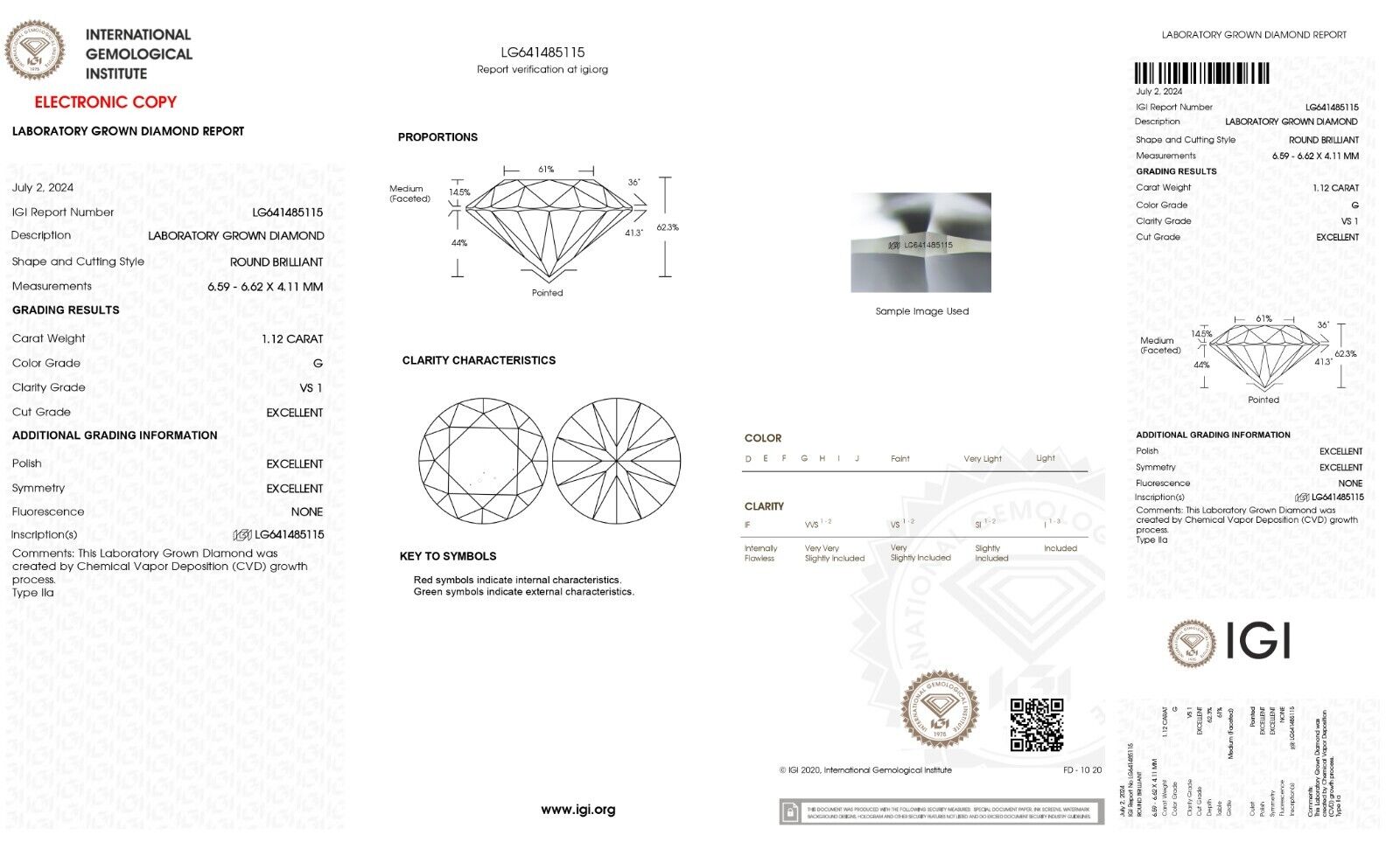 Round Cut 1.12 Cts IGI Certified Lab Grown CVD Diamond G Color VS1 Clarity