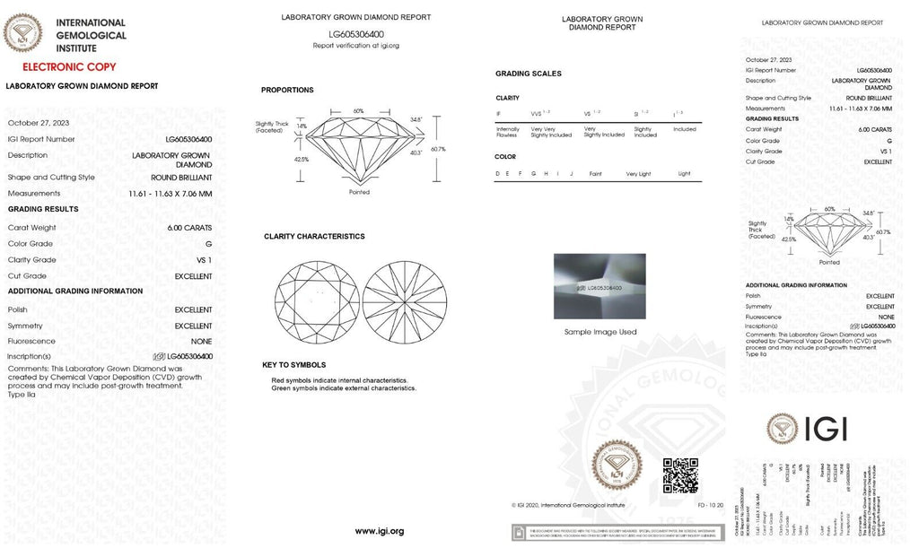ROUND Cut Lab Grown 6.00 Cts IGI Certified CVD Diamond G Color VS1 Clarity STONE