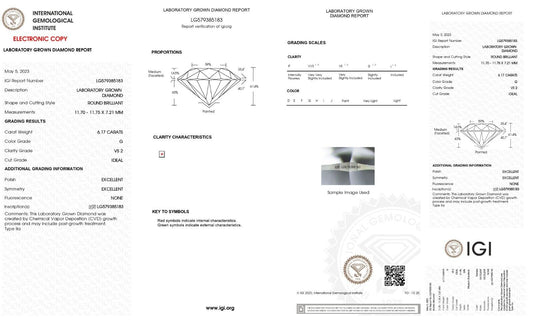 Round Excellent Cut 6.17 Cts G VS2 IGI Certified CVD Lab Grown Loose Diamonds