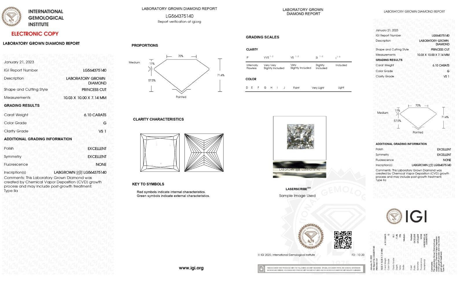 PRINCESS Cut Lab Grown 6.10 Cts IGI Certified CVD Diamond G Color VS1 Clarity